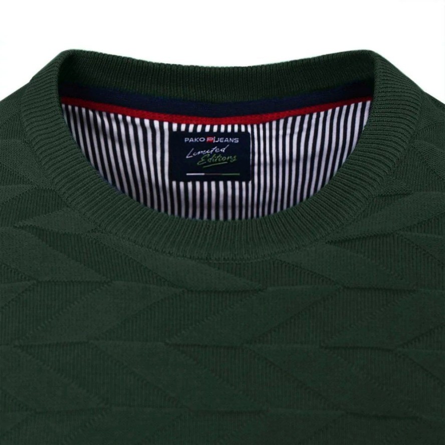 Bawełniany Sweter Pako Jeans - Okrągły Dekolt - Ciemnozielony