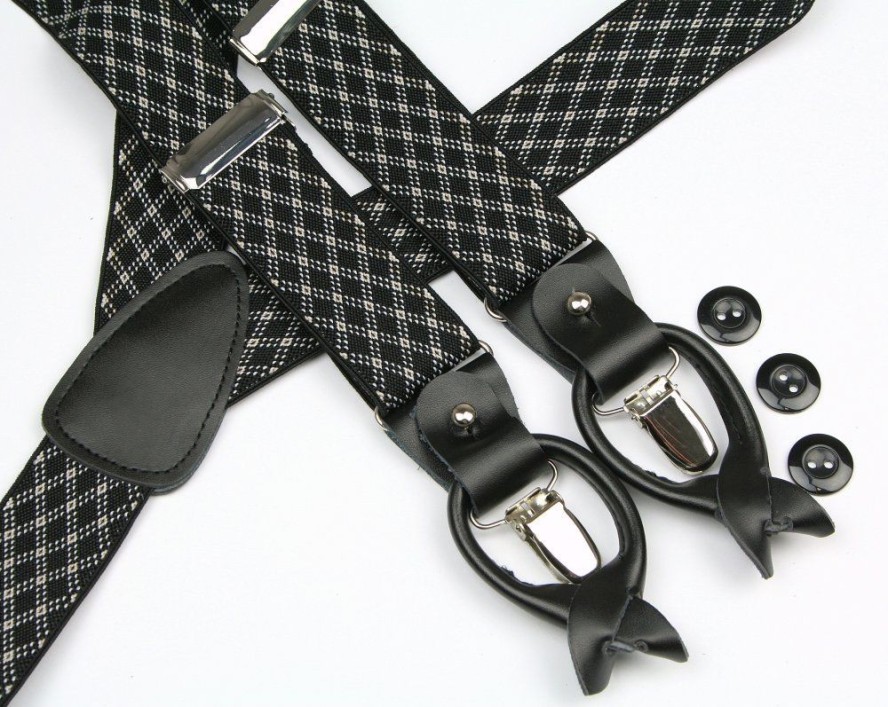 Szelki Klasyczne, Zapięcie na Guziki lub Żabki, Męskie -ALTIES - Czarne, Geometryczny Wzór