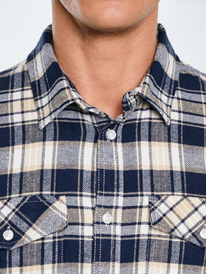 Koszula męska flanelowa w kratę beżowo-granatowa Kolisero 801