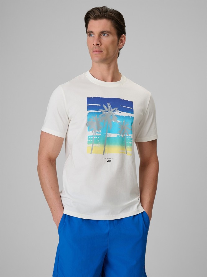 4F T-shirt regular z nadrukiem męski - kremowy L