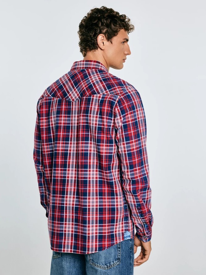 Koszula męska bawełniana w kratę czerwono-granatowa Retinezi 603
