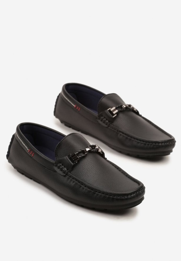 Czarne Półbuty Mokasyny z Ozdobnymi Przeszyciami i Aplikacją Wismea