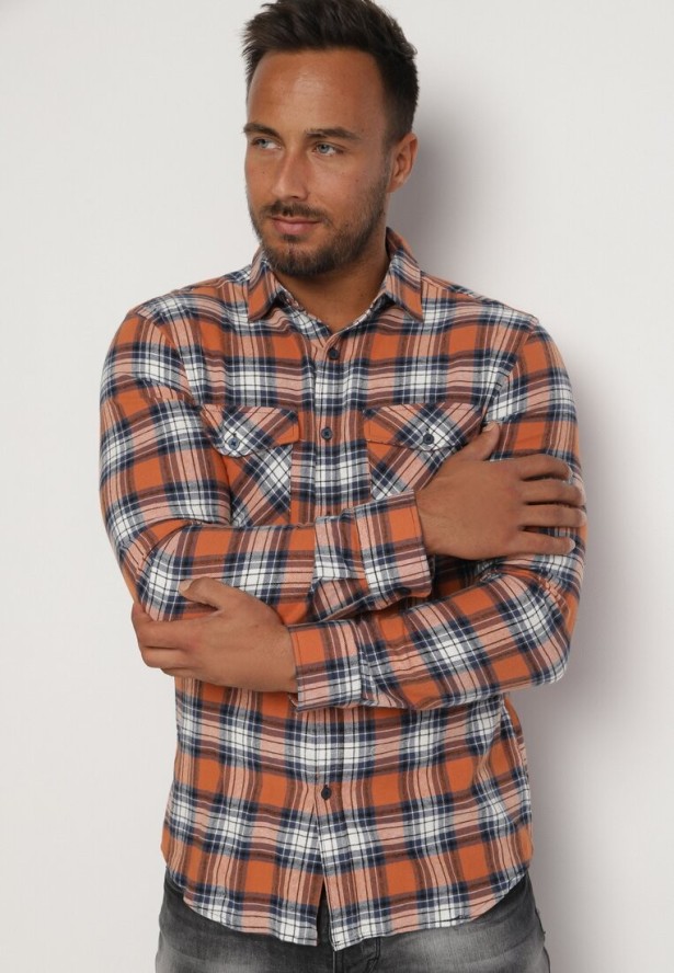 Pomarańczowa Bawełniana Koszula w Kratę z Kieszeniami i Guzikami Lajnii