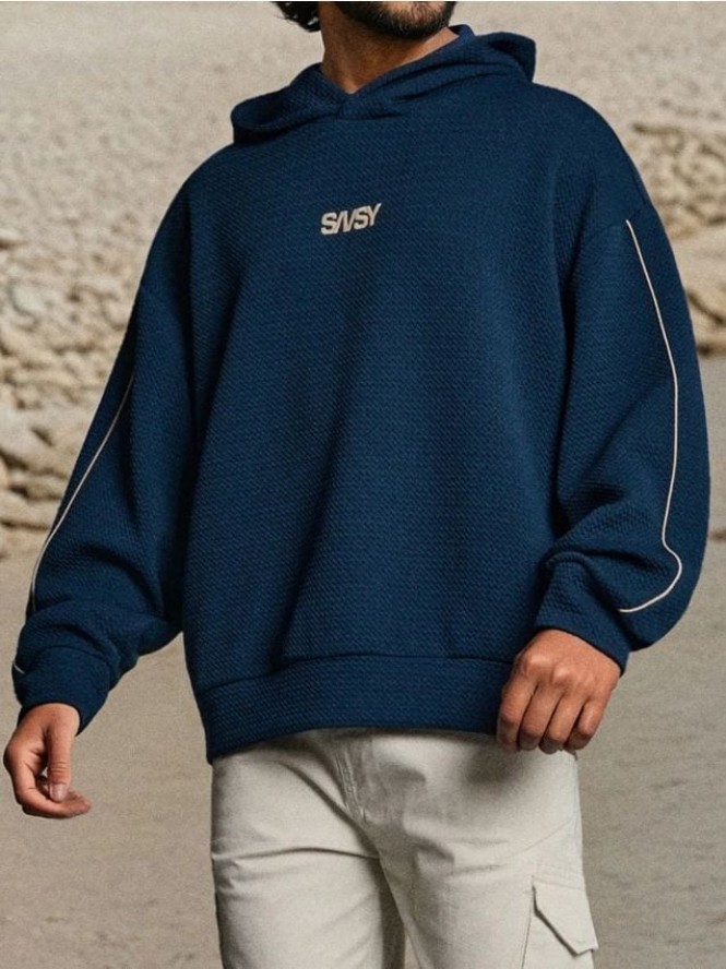 Bluza żakardowa z kontrastową lamówką - granatowy