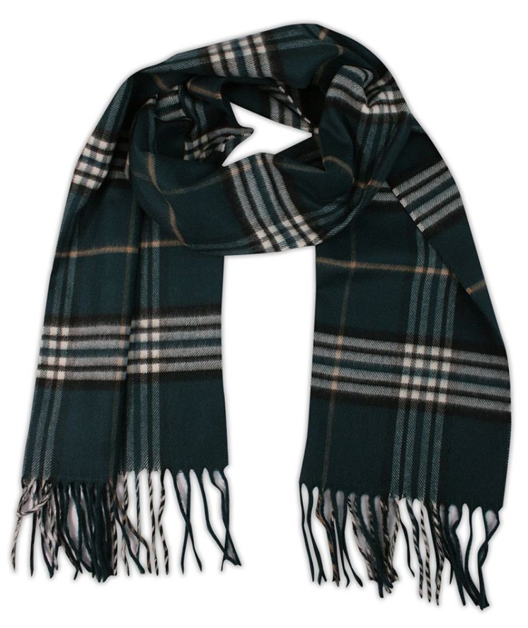 Szalik Ciemny Zielony w Kratkę Burberry, z Frędzlami, Firmy V.Fraas -Cashmink- Jesienno-Zimowy