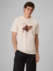 4F T-shirt regular z nadrukiem męski - kremowy S