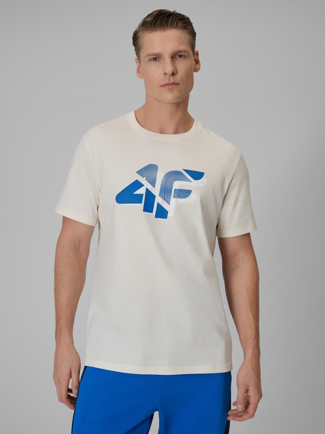 4F T-shirt regular z nadrukiem męski - beżowy XXL