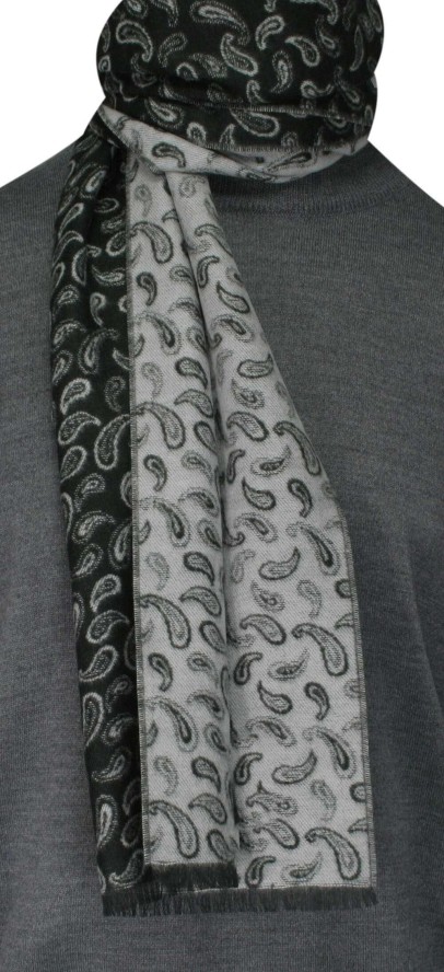 Szalik Czarno-Szary, Miękki, Wzór Paisley, Łezki, Nerki, Firmy V.Fraas -Cashmink- Elegancki, Męski