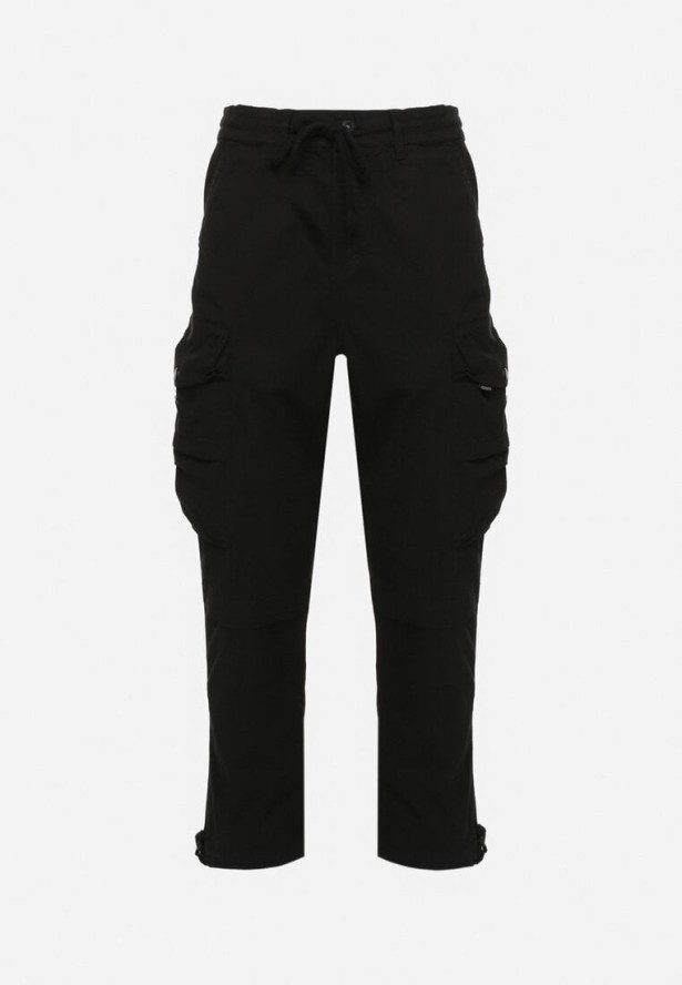 Czarne Bawełniane Spodnie Joggery z Kieszeniami z Klapami Lanathia