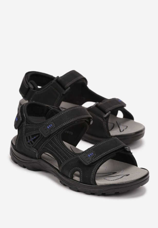 Czarno-Niebieskie Sandały Sportowe z Rzepami i Skórzaną Wkładką Myna