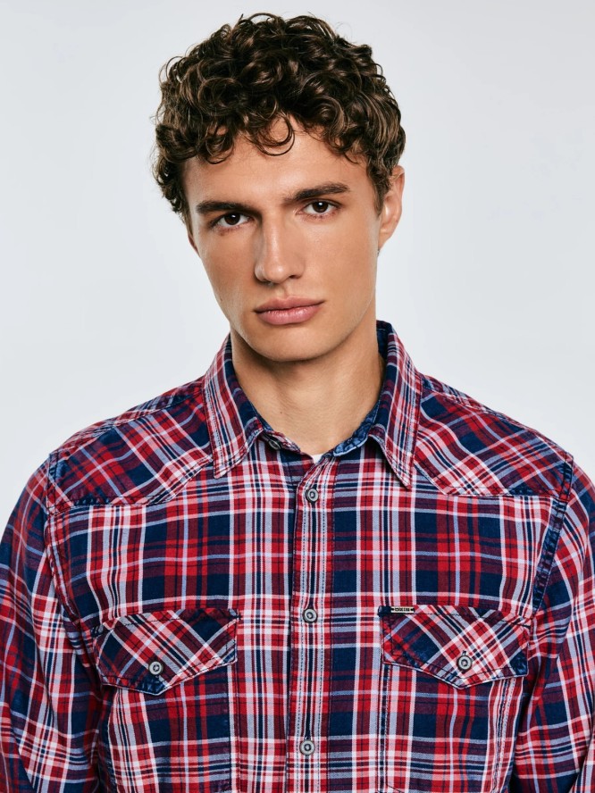 Koszula męska bawełniana w kratę czerwono-granatowa Retinezi 603