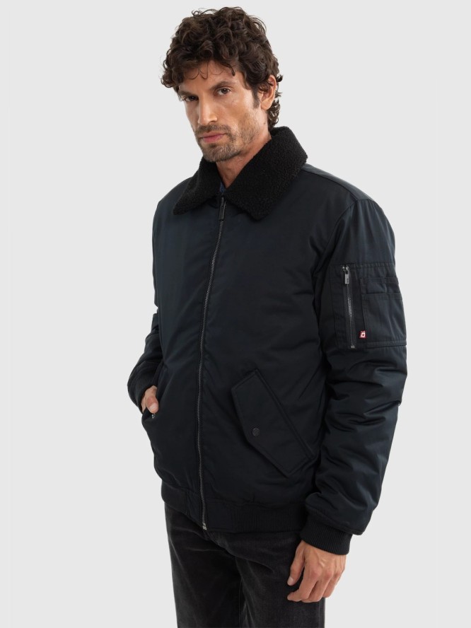 Kurtka męska bomberka z kołnierzem z futerka czarna Dekseb 906