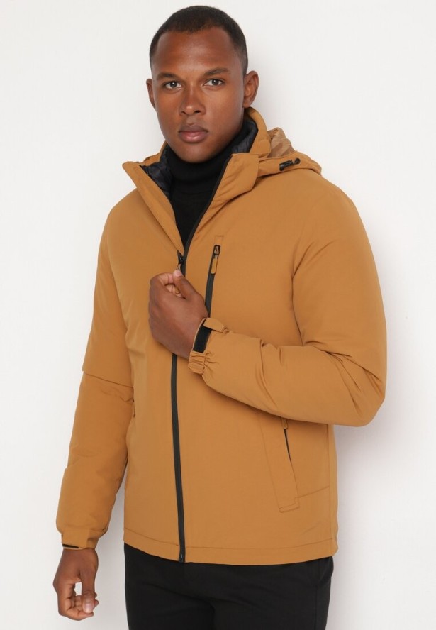 Jasnobrązowa Gładka Kurtka o Prostym Kroju z Odpinanym Kapturem Valentana