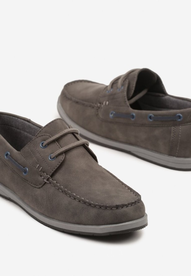 Ciemnoszare Półbuty Sznurowane Mokasyny z Ozdobnymi Przeszyciami Bellas