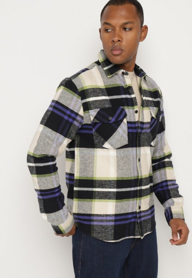 Beżowa Koszula z Bawełny w Kratę Ozdobiona Guzikami Zinniritta