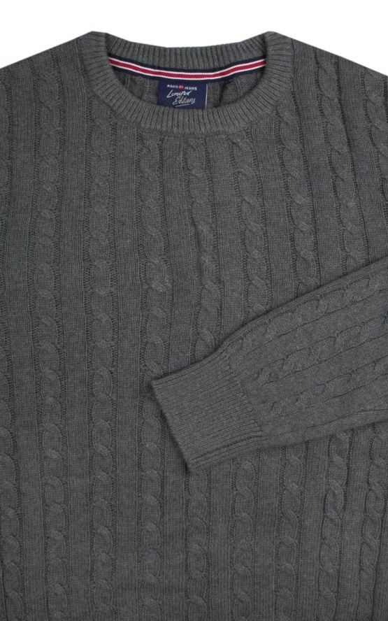 Bawełniany Sweter Męski - Pako Jeans - Splot Warkoczowy - Grafit