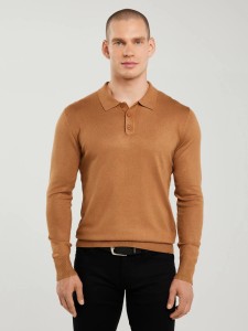 Sweter męski z kołnierzykiem polo brązowy Bradson 802