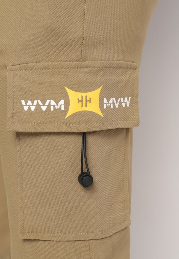 Ciemnobeżowe Spodnie Cargo z Bawełną Ozdobione Napisem i Gumką w Pasie Tarionna