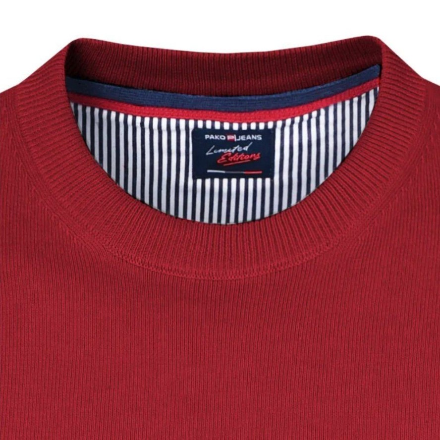 Bawełniany Męski Sweter z Okrągłym Dekoltem (U-Neck) - Pako Jeans - Czerwony