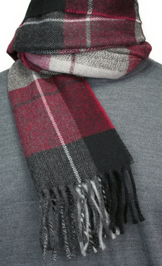 Szalik z Frędzlami, Bordowo-Szary w Kratkę, Męski, Jesienno-Zimowy z Wełną -V. FRAAS