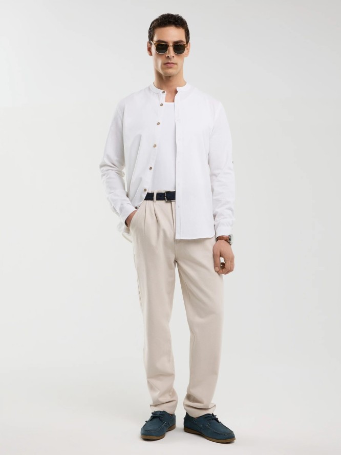 Lniana koszula męska na stójce biała Janew 101