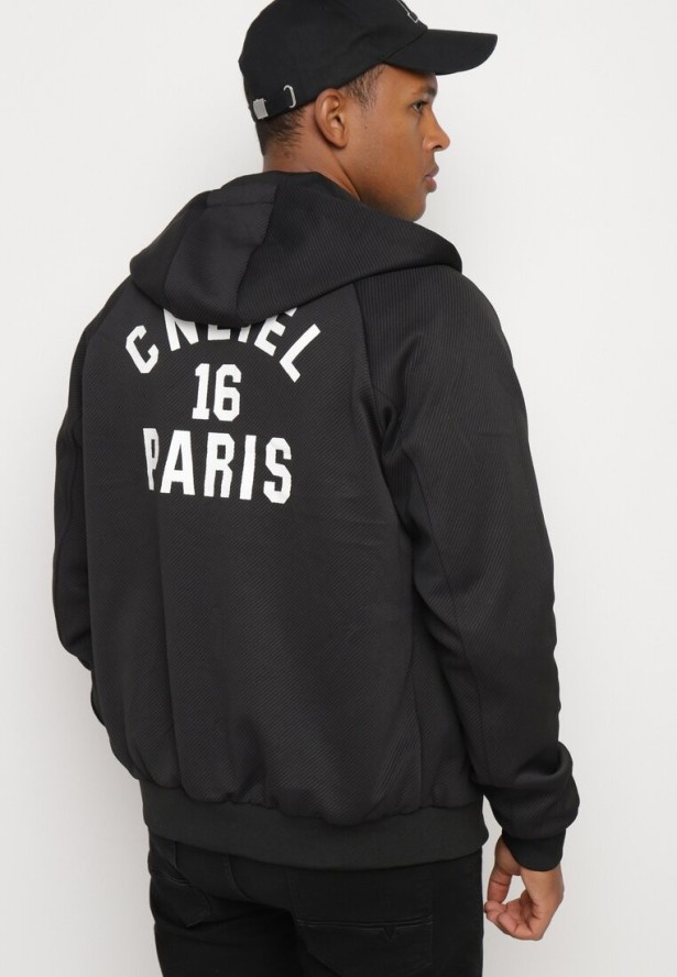 Biało-Czarna Dwustronna Kurtka Bomberka z Kapturem Ozdobiona Paskami i Napisami Mevalora