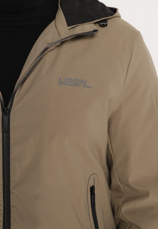 Ciemnobeżowa Jednorzędowa Kurtka z Odpinanym Kapturem i Napami przy Rękawach Elondraea