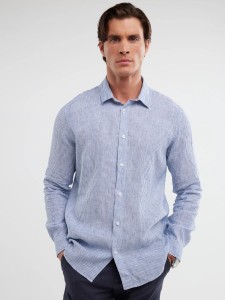 Lniana koszula męska w prążek niebieska Malekiwo 402