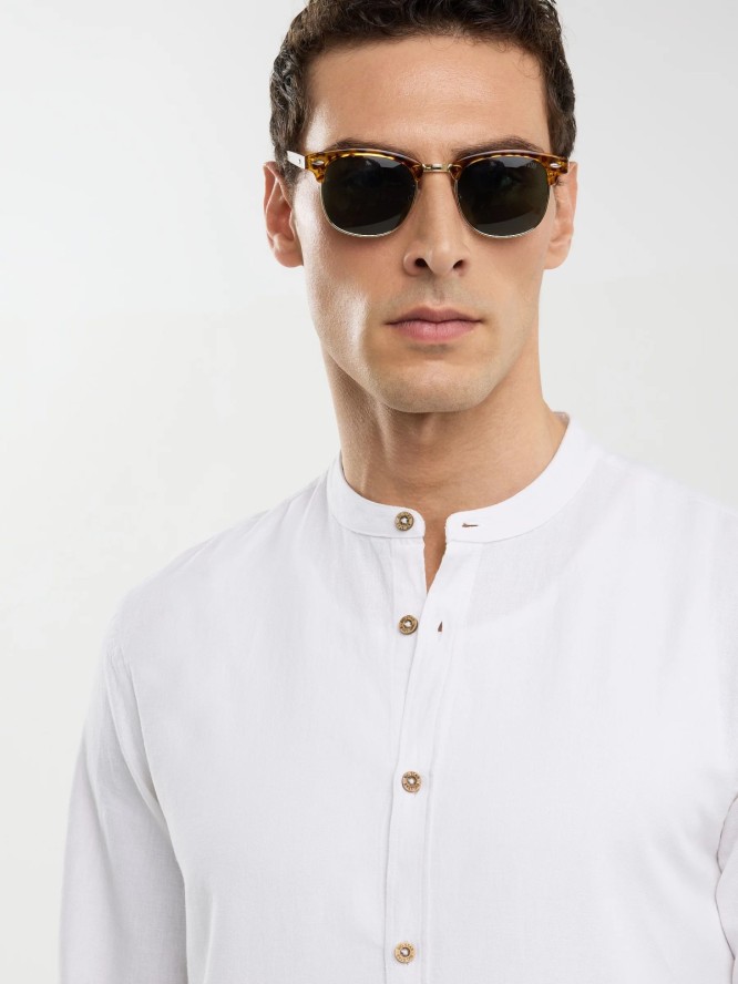 Lniana koszula męska na stójce biała Janew 101