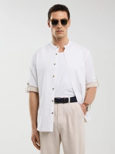 Lniana koszula męska na stójce biała Janew 101