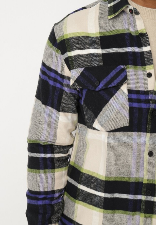 Beżowa Koszula z Bawełny w Kratę Ozdobiona Guzikami Zinniritta