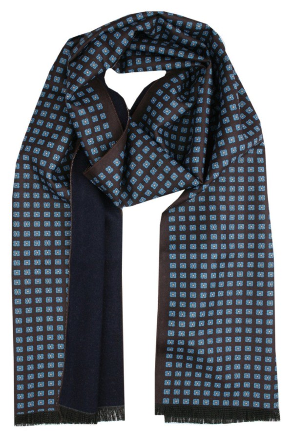 Elegancki Szalik Bawełniany - Alties - Niebieski Wzór na Brązowym Tle