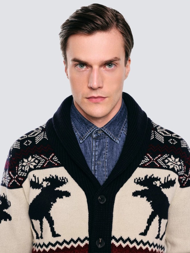 Kardigan męski ze wzorem skandynawskim bordowo-granatowy Lorenzo 000