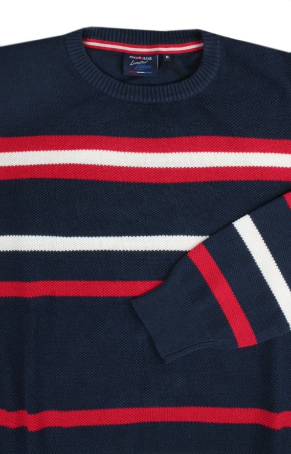 Sweter z Dzianiny Bawełnianej - w Paski - Pako Jeans - Granatowy