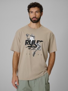4F T-shirt loose z nadrukiem męski - beżowy XL