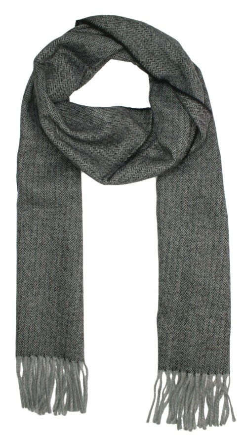 Szalik z Frędzlami, Szary w Jodełkę, Męski, Jesienno-Zimowy z Wełną -V. FRAAS