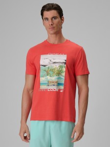 4F T-shirt regular z nadrukiem męski - koralowy XL
