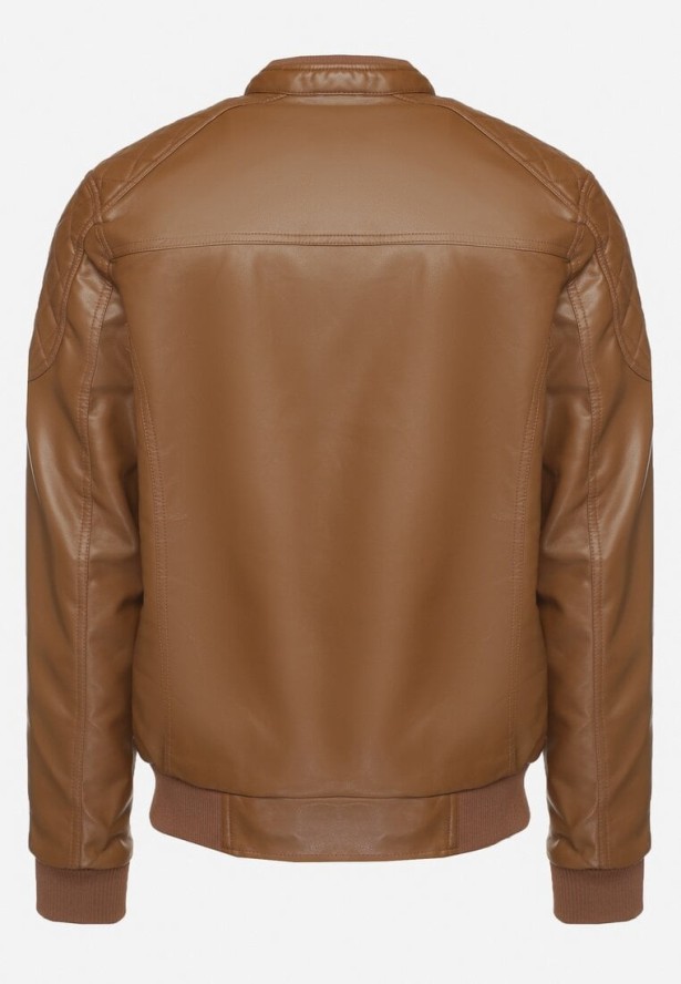 Ciemnobrązowa Ramoneska Kurtka w Stylu Motocyklowym ze Stójką Tinina