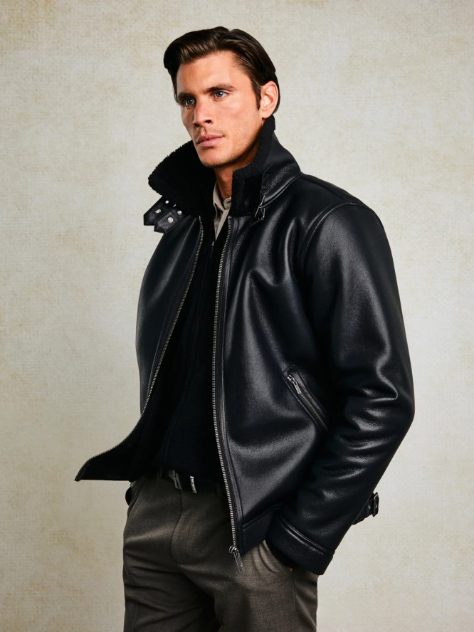 Kurtka męska pilotka z kołnierzem ze skóry ekologicznej czarna Nimo 906