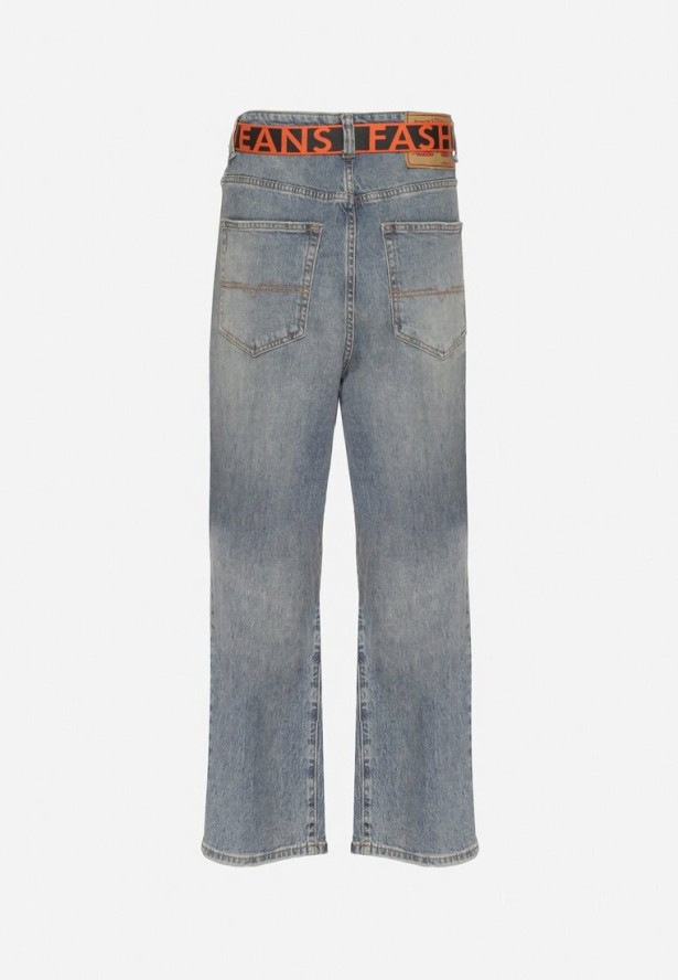 Niebieskie Jeansy o Fasonie Regular z Paskiem z Napisami Ivelanora