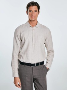 Koszula męska w drobną jodełkę beżowa Grest 800