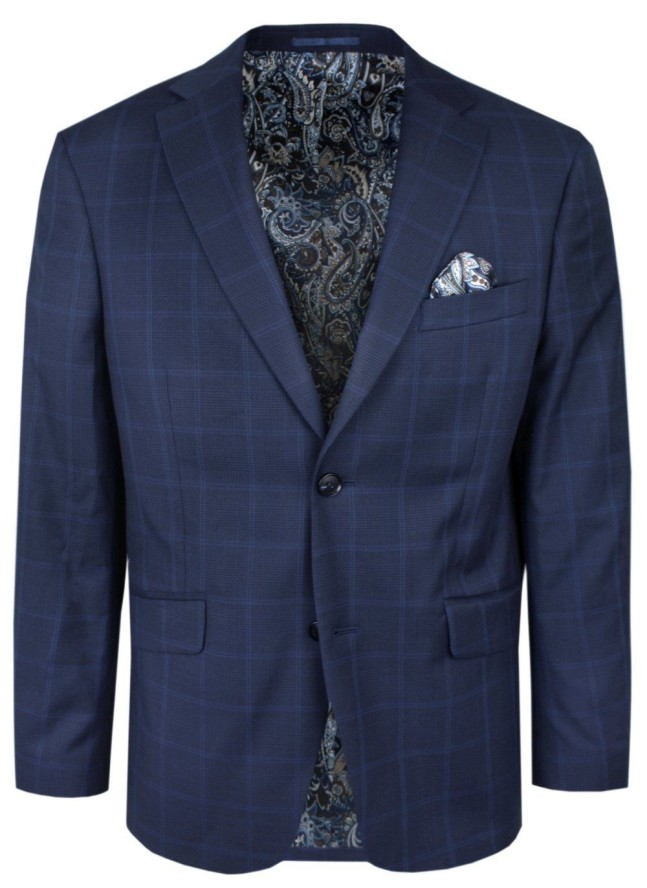 Garnitur Męski - Elegancki - Victorio - Granatowy, Wzór w Kratę