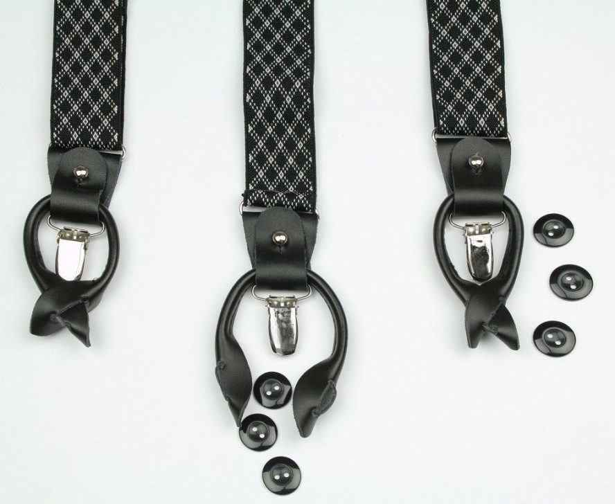 Szelki Klasyczne, Zapięcie na Guziki lub Żabki, Męskie -ALTIES - Czarne, Geometryczny Wzór