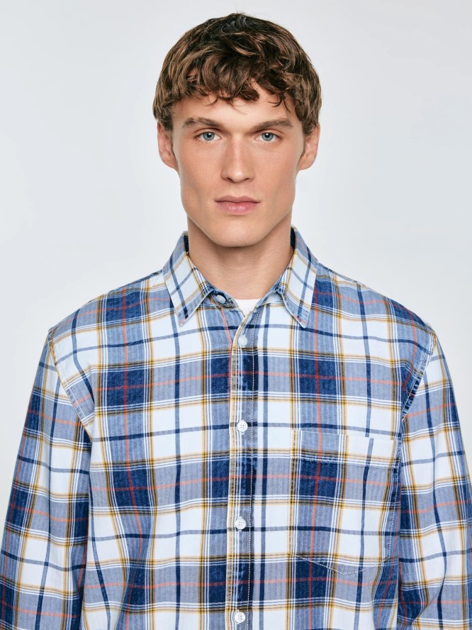 Koszula męska bawełniana w kratę niebiesko-biała Merowi 401
