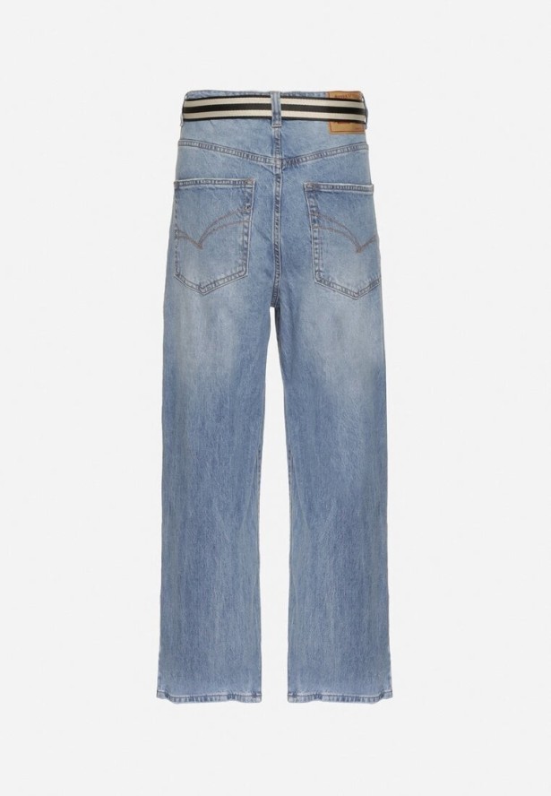 Niebieskie Szerokie Jeansy z Bawełny Ozdobione Paskiem Lerillis