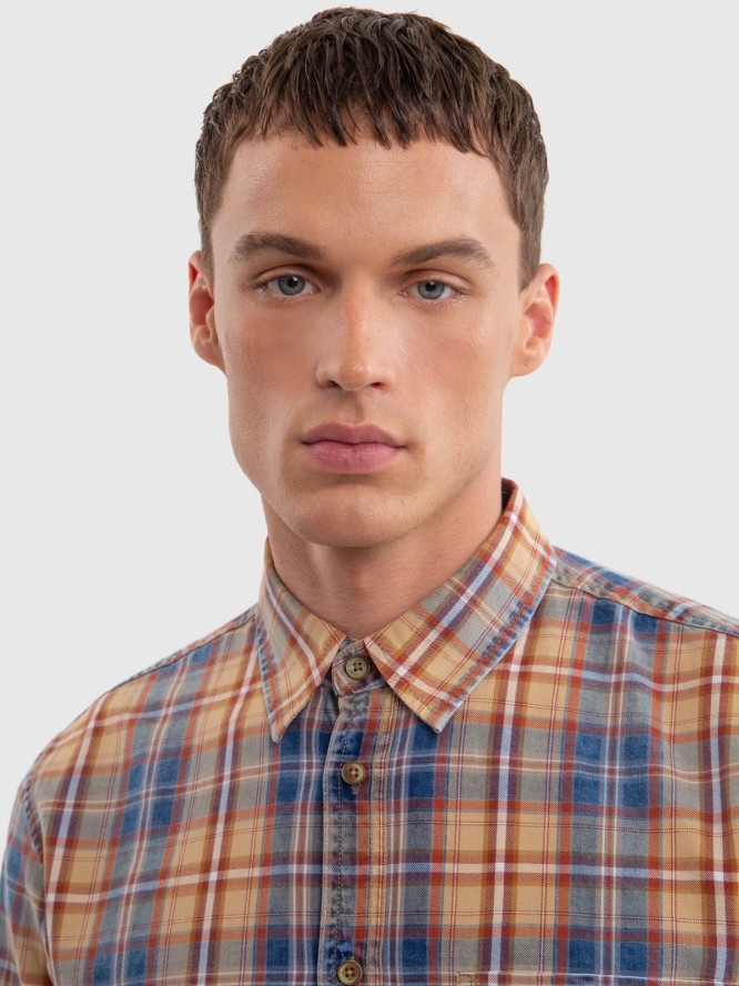 Koszula męska bawełniana w kratę granatowo-pomaraŅczową Indigis 402