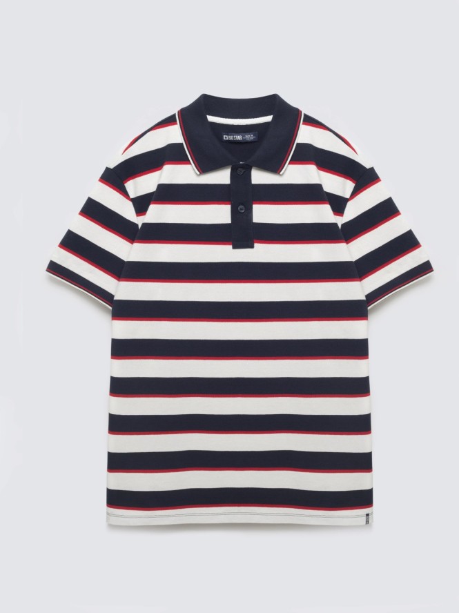 Koszulka męska polo w paski granatowo-biała Seulis 100