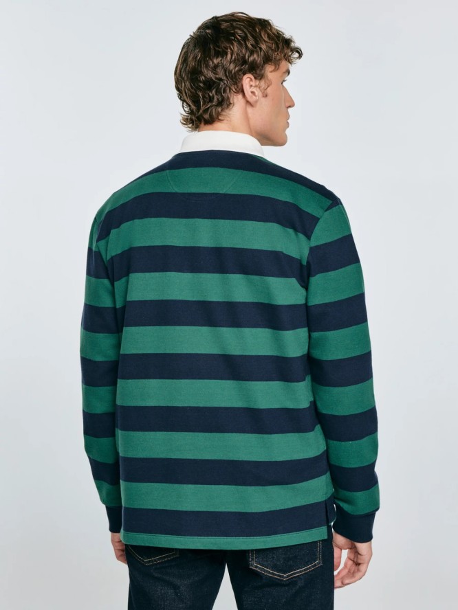 Koszulka męska polo z długim rękawem w pasy granatowo-zielona Miker 403