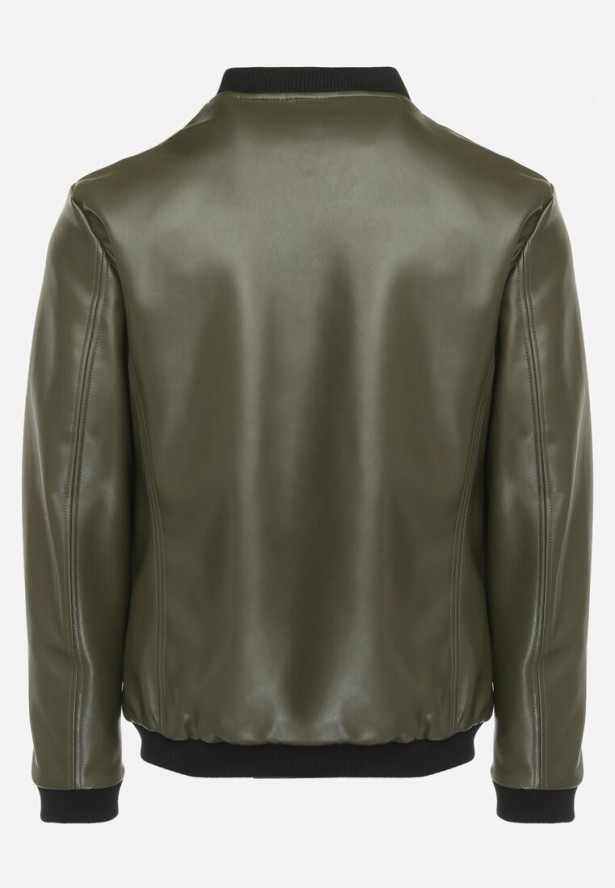 Ciemnozielona Kurtka Bomberka z Imitacji Skóry i Zasuwanymi Kieszeniami Rihella