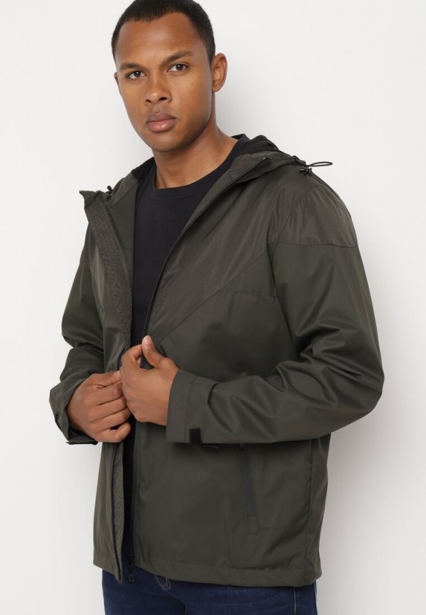 Ciemnozielona Kurtka Wiatrówka z Ociepleniem i Kapturem Nevetis